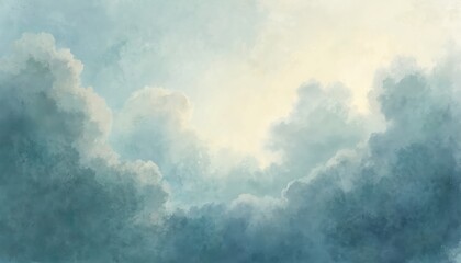 Obraz premium Watercolor cloudy sky background. Blue, turquoise color clouds, storm, weather. Illustration ideal for background, decoration, prints. Atmospheric design for wallpaper, poster, banner, greeting card,