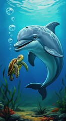 Fototapeta premium A cartoon dolphin helping a turtle