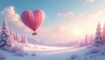 Obraz premium Romantic illustration of heart shaped hot air balloon floating above snow-covered winter forest. Pink balloon in sky, celebrating love. Valentine Day concept. Soft dreamy light, nature landscape