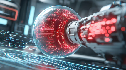 Futuristic digital sphere glows with circuit patterns. Suggests technological advancement potentially AI driven data processing for scientific research or network design.