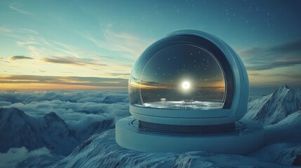 A futuristic observatory sitting atop a snow covered mountain