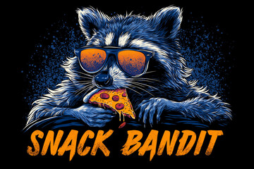 Cute raccoon eating pizza on couch, messy crumbs, wearing 90s sunglasses, bold text: Snack Bandit cartoon retro style, dark navy blue background, POD concepts.