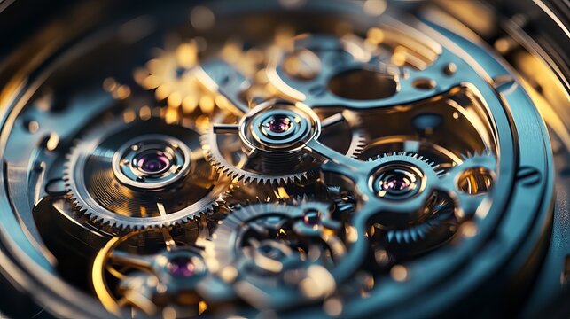 gear drive motion in skeleton watch. Mechanical watches with gears and cogs. Watch or clock mechanism. Clockwork details and parts. Inside watch, mechanical watch in macro view. Macro Shot Clock Face 