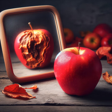 Reflection of decay: A glossy apple beside a cracked mirror displaying a withered version in a rustic setting