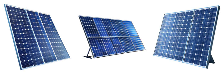 Solar panel arrays in angled positions isolated on transparent PNG image perfect for clean energy infographics or green tech designs