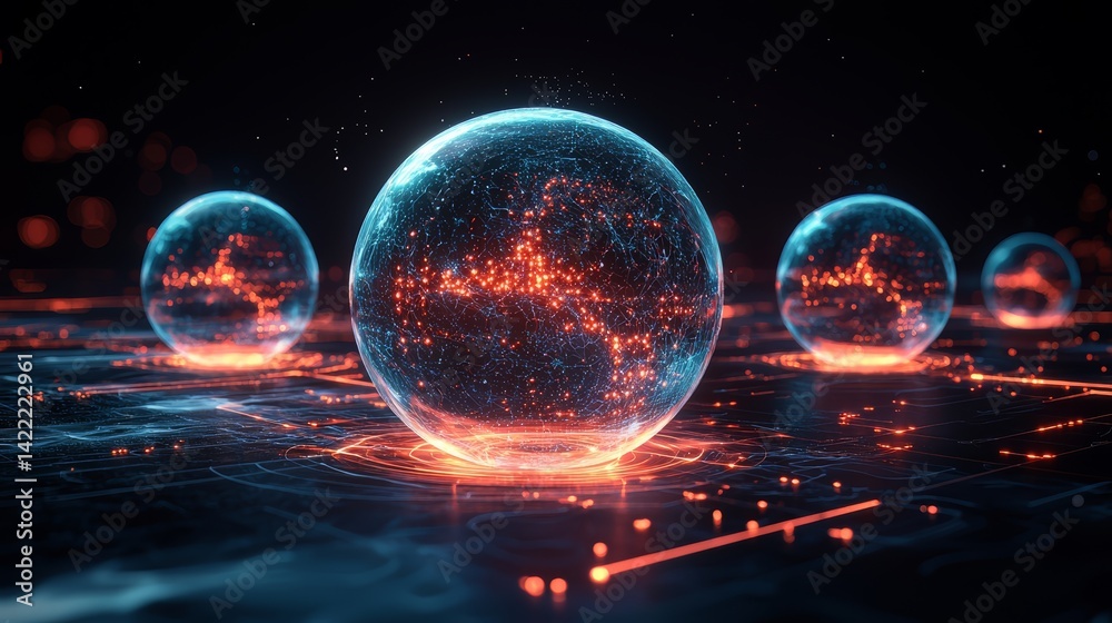 Aufkleber Group of glowing orbs on a dark background. The orbs are all different sizes and colors, with some being blue and others being red. The orbs are arranged in a way that creates a sense of depth