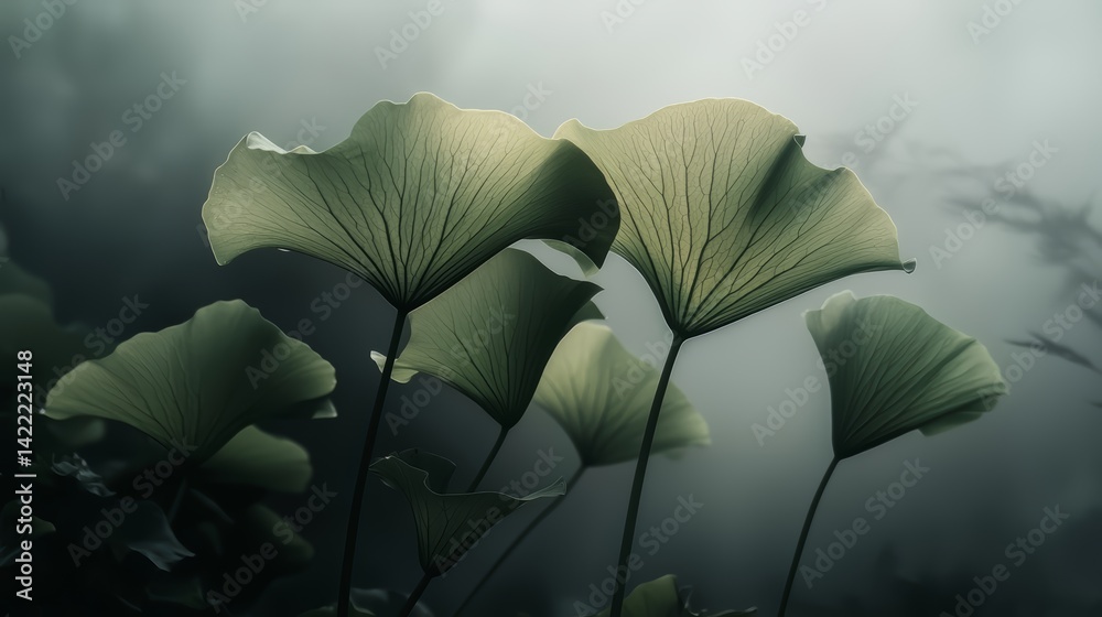 Aufkleber Group of green leaves are shown in a blurry, hazy light. The leaves are all different sizes and are arranged in a way that creates a sense of depth and movement