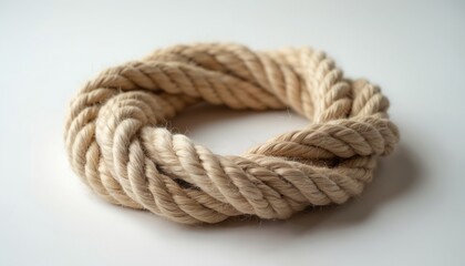 Obraz premium Close-up shot of thick natural fiber rope arranged in circular pattern. Rough, textured rope on white background. Nautical design element, perfect for marine projects, crafts. Isolated object on