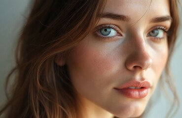 Obraz premium Close-up face shot of woman. Natural beauty with long brown hair, blue eyes. Makeup detail on lips, skin, eyes. Portrait focus on the side of face, ear, detailed eyelash. Beauty, fashion, glamour.