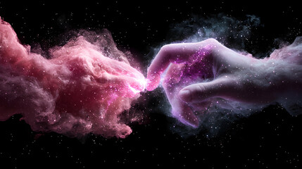 Fototapeta premium Two cosmic hands touch creating a nebula explosion. Use as a wallpaper art print or social media post symbolizing connection. Inspiring and beautiful.