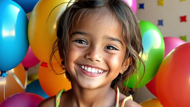 Brazilian girl 5 years old with colorful balloons happy
