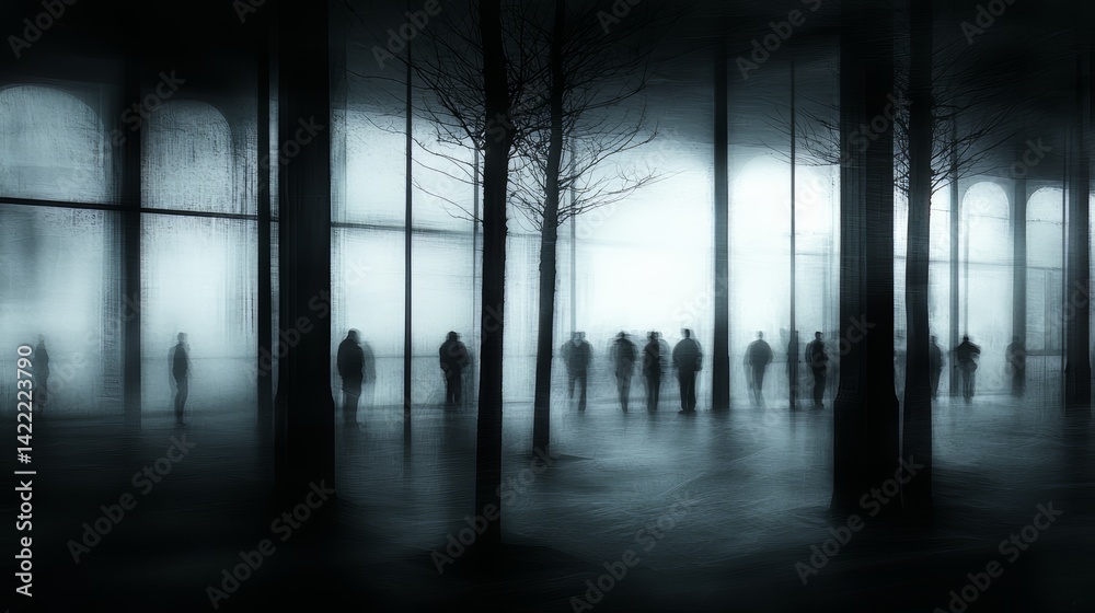 Poster group of people are walking in a forest at night. the trees are tall and the sky is cloudy. scene is