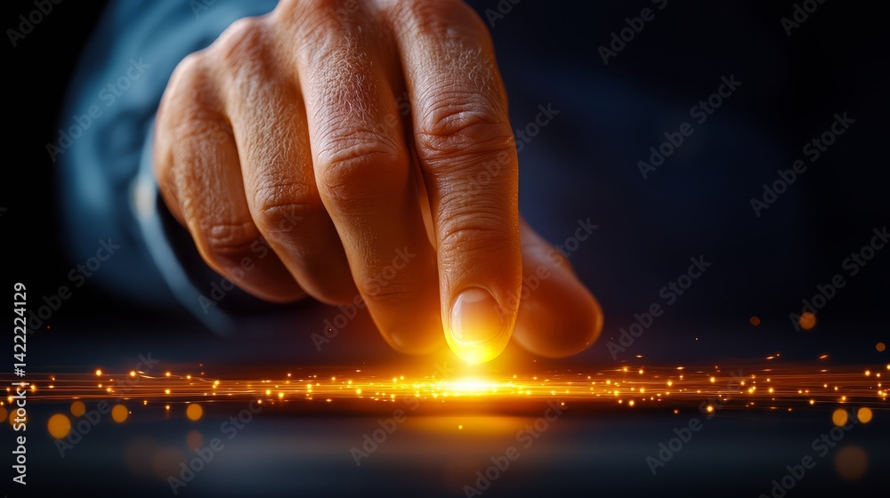 Aufkleber hand is pointing at a glowing yellow spot on a dark background. concept of curiosity and wonder as t