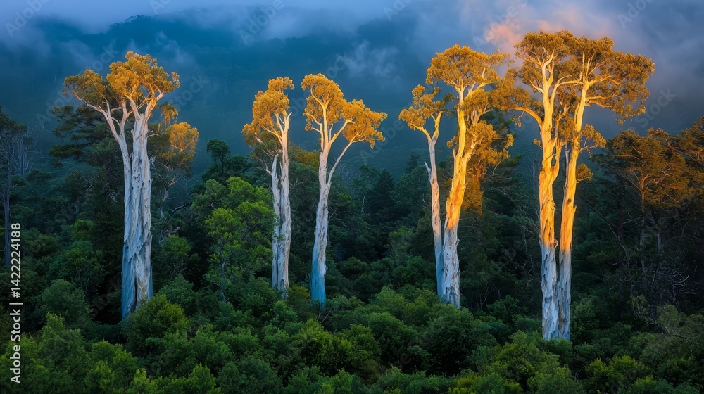 Poster group of tall trees with leaves that are yellow and green. the trees are in a forest and are surroun