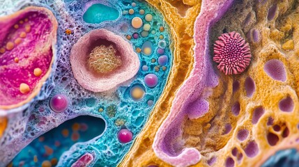 Cellular Microscopic View with Vibrant Colors for Science and Medical Imagery