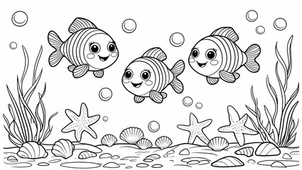 Fototapeta premium Whimsical Fish and Seaweed Line Art Illustration