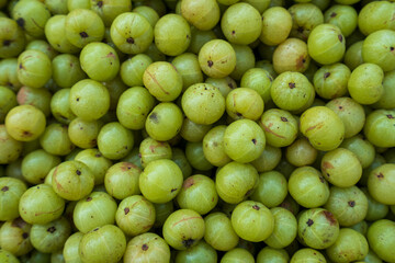 Fresh Ceylon gooseberries (amla) at a local market, native to Sri Lanka, sour antioxidant-rich fruit used in jam and jelly.  Food and travel.