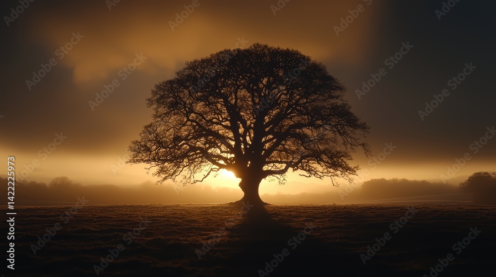 Aufkleber large tree stands in a field at sunset. the sky is orange and the tree is silhouetted against the sk