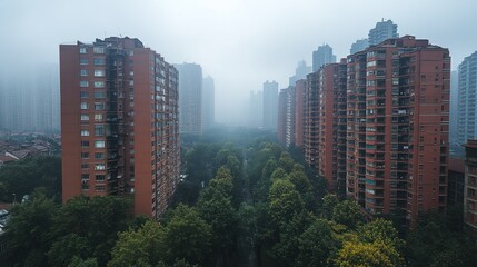 Misty Cityscape: Residential Towers Amidst Lush Greenery