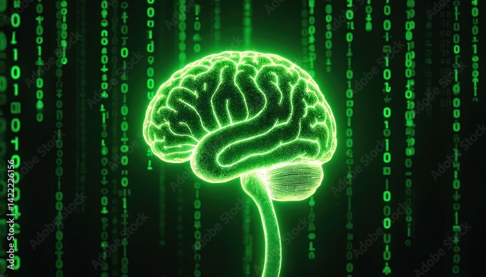 Poster digital human brain with glowing green outline against background of cascading binary code. modern t