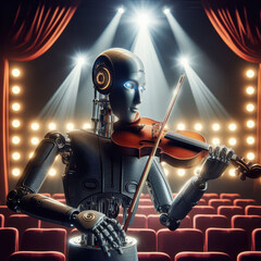Naklejka premium Robotic musician performs on stage in a theater setting with bright lights and an audience