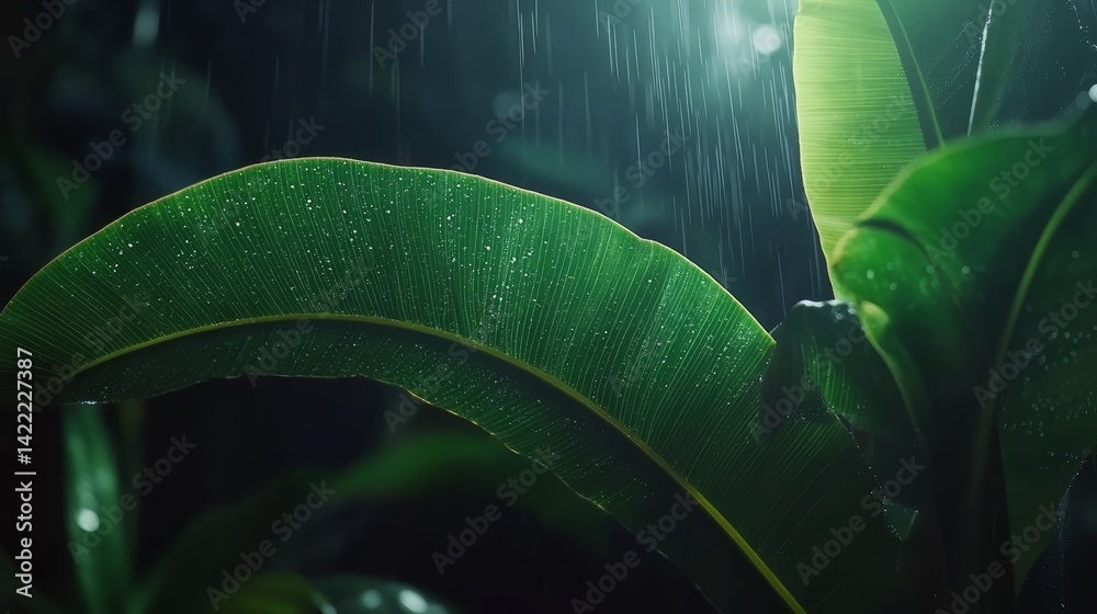 Poster leaf is wet and has raindrops on it. the leaf is green and is in the middle of a forest