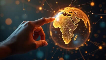 Digital rendering of hand touching illuminated Africa on globe. Tech concept global digital network, innovation. Futuristic business. Modern Africa, technology future. Connection, communication,