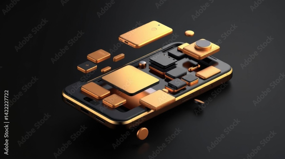 Poster Exploded view of a modern smartphone with golden components floating around