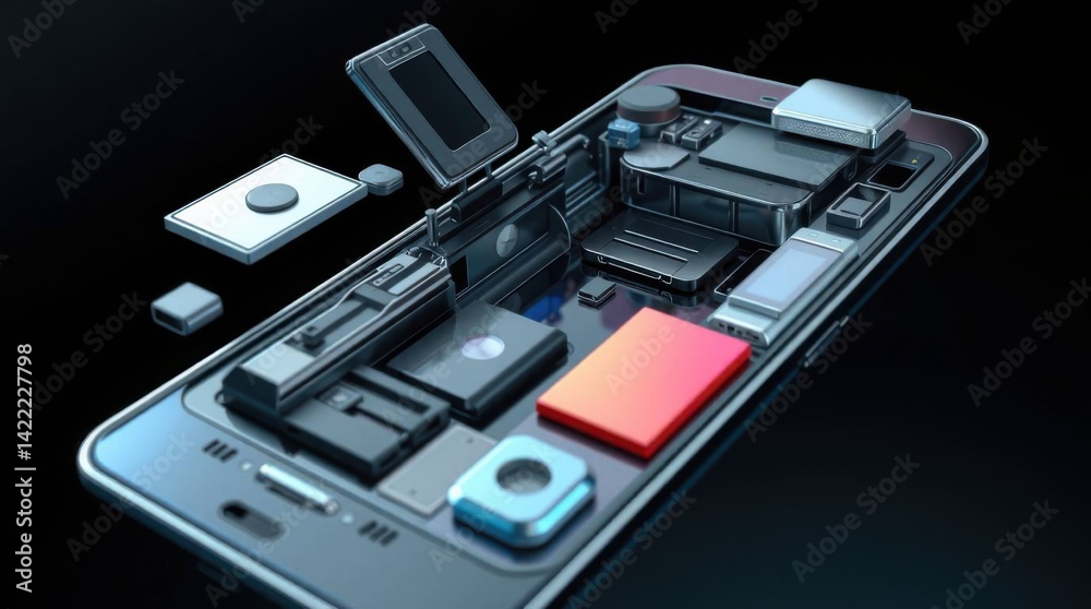 Poster Exploded view of a smartphone showing its internal components in detail