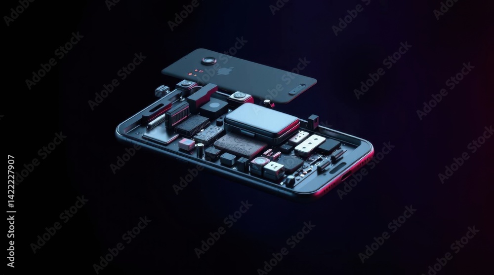 Poster exploded view of modern smartphone revealing internal components detail