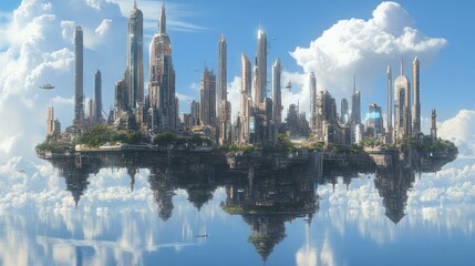 Naklejka premium A futuristic city floats amidst clouds and water reflections