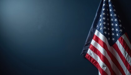 Obraz premium American flag waving against dark background. National symbol represents patriotism, freedom, independence. Stars stripes in red, white, blue colors. Perfect for memorial day, fourth July or election.