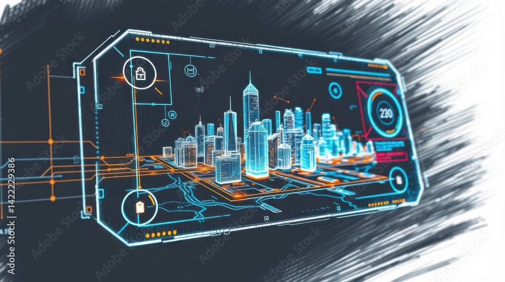 Poster futuristic city hologram display with cybersecurity and network connection