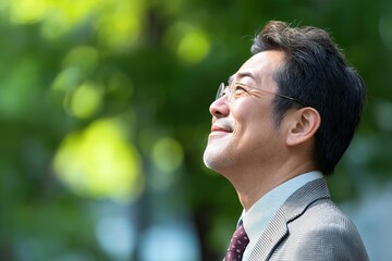 A Japanese man in his fifties, wearing business attire, is smiling and looking up at the sky. The