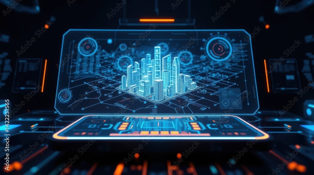 Aufkleber futuristic city planning interface displaying a 3d model of a skyline