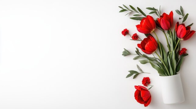 A stylish floral arrangement featuring red tulips and scattered carnations in a chic beige vase. This curated design conveys warmth and elegance, perfect for modern decor or gifts.