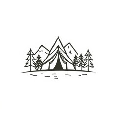 Simple camping scene featuring a tent nestled among mountains and trees, evoking outdoor adventures.
