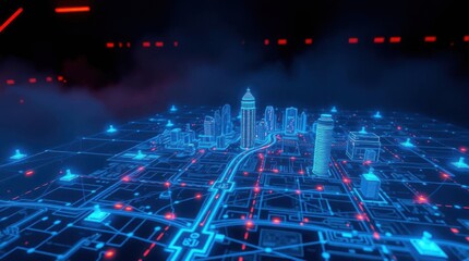 Obraz premium Futuristic Cityscape Blueprint with Glowing Neon Grid and Modern Design