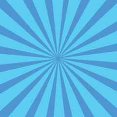 Blue sunburst background. Abstract texture with starburst. Blue sun rays background. Bright beams pattern. Gradient radial stripes. Light summer sky with sparkle for art. Retro style.