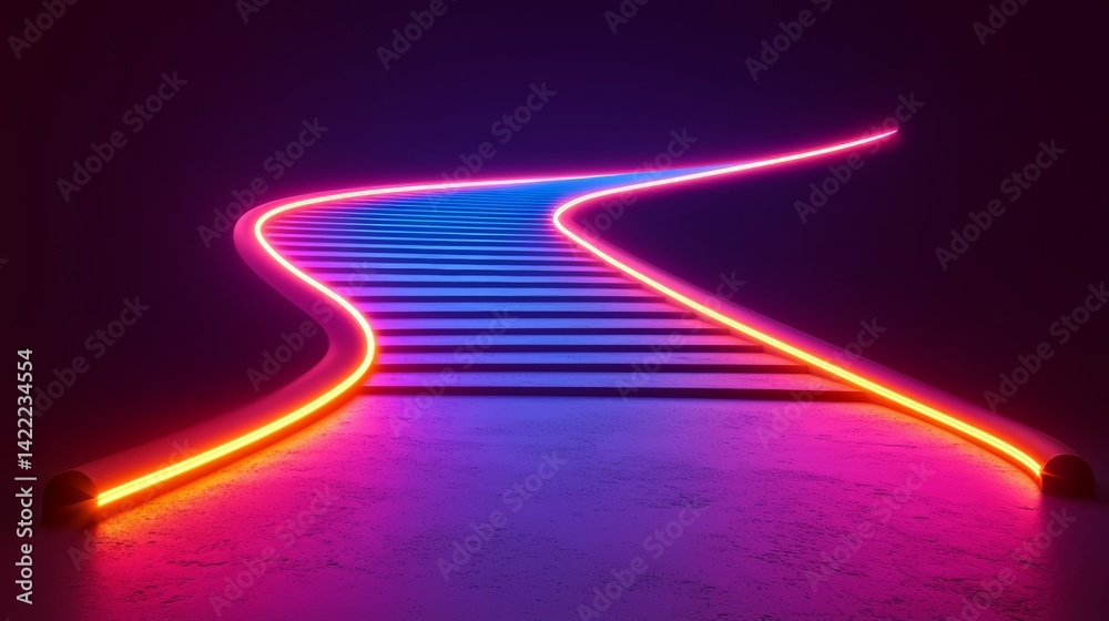 Aufkleber train track with neon lights is lit up in a dark room. the lights are red and blue, creating a color