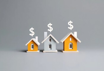 A simple, minimalistic stock photo of three houses with dollar signs above them, set against a grey
