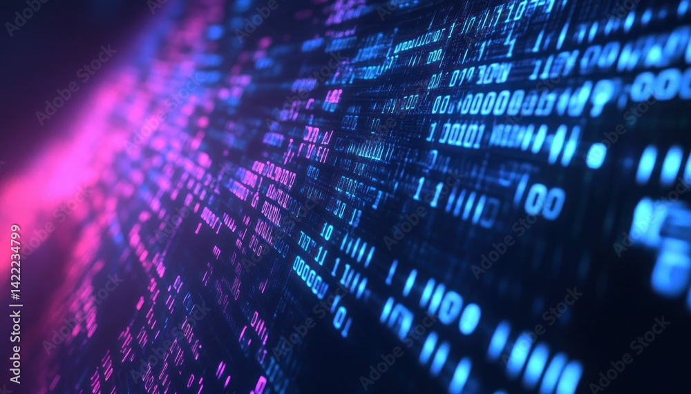 Poster futuristic data stream visualization with binary code, a digital perspective