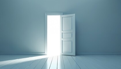 Obraz premium Open door leads bright light, represents new opportunities, future changes. Interior design features simple white door, sky. Concept for business success, new life. Brightness, hope, freedom, chance