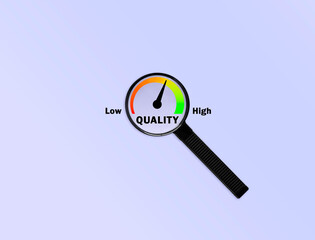 Magnifier on a quality gauge. Quality Control (QC) via a Quality Management System (QMS) is for continuous improvement. Key Performance Indicators (KPI) measure for ASPICE or ISO 9001 standards