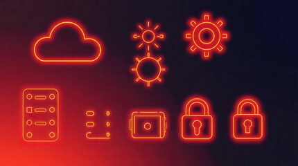 Neon icons represent cloud, settings, sunshine, checklist, security, options and device, against dark background.