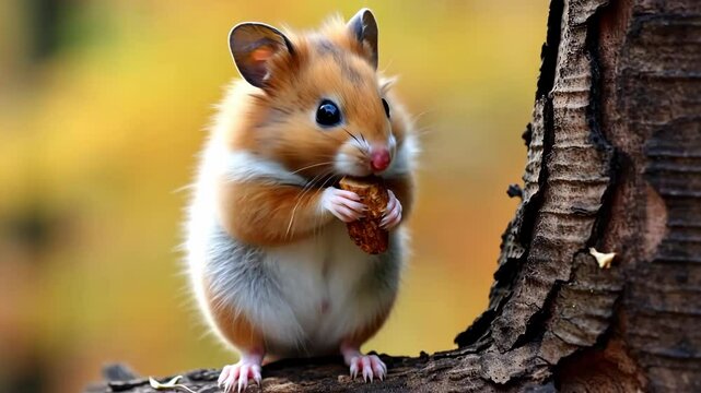 A forest hamster gnaws a nut near a tree in nature
