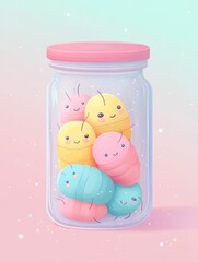 Charming Cartoon Bugs Encased in Glass Jar with Delicate Pastel Tones Illustration