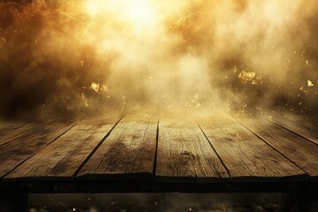Wooden tabletop with golden smoky background