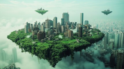 Flying islands town with green trees, above polluted city