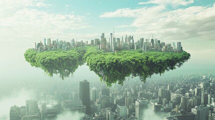 Flying town with green trees, above polluted city